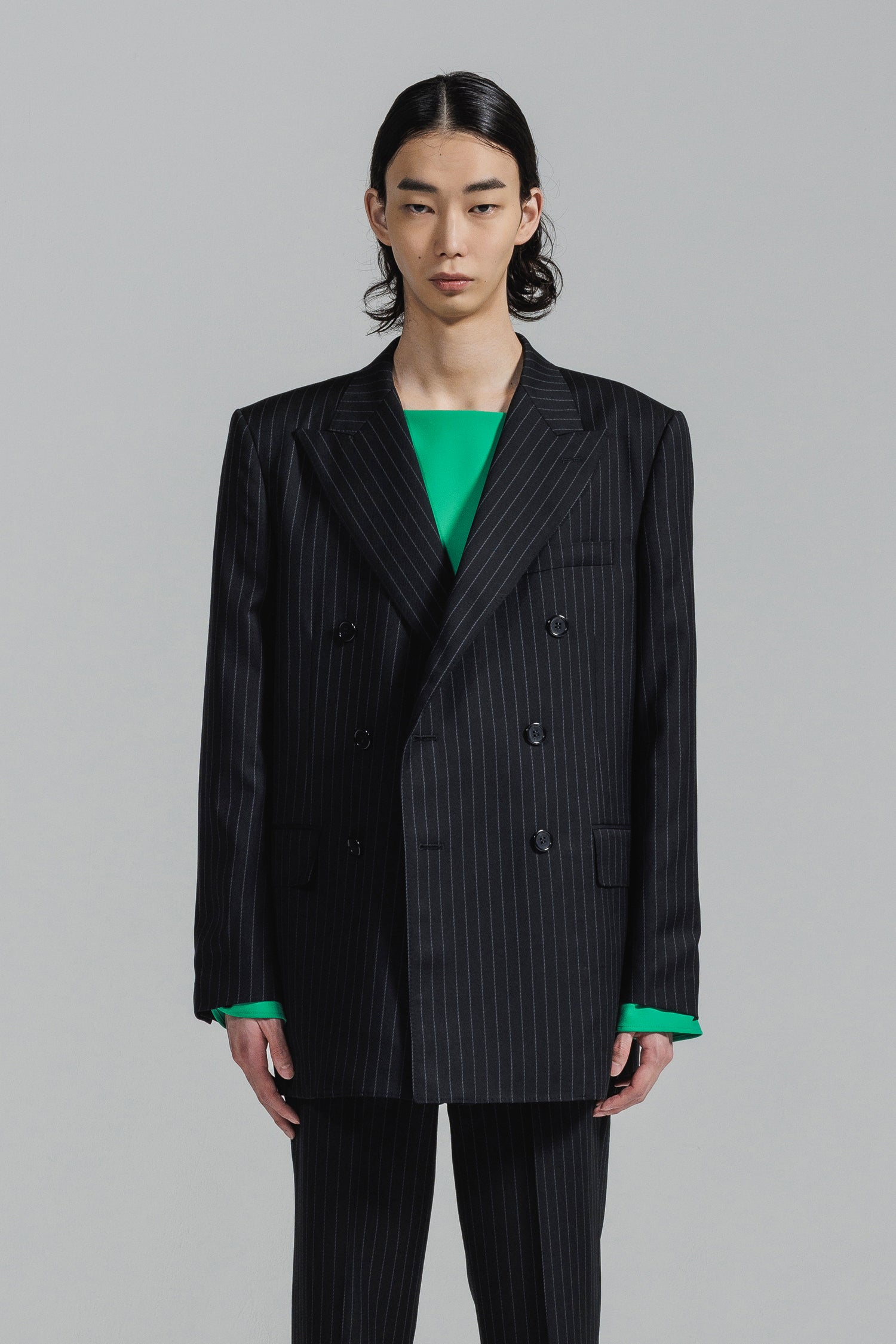 PINSTRIPE WOOL DOUBLE BREASTED 6B JACKET [2025A/W] – LITHIUM